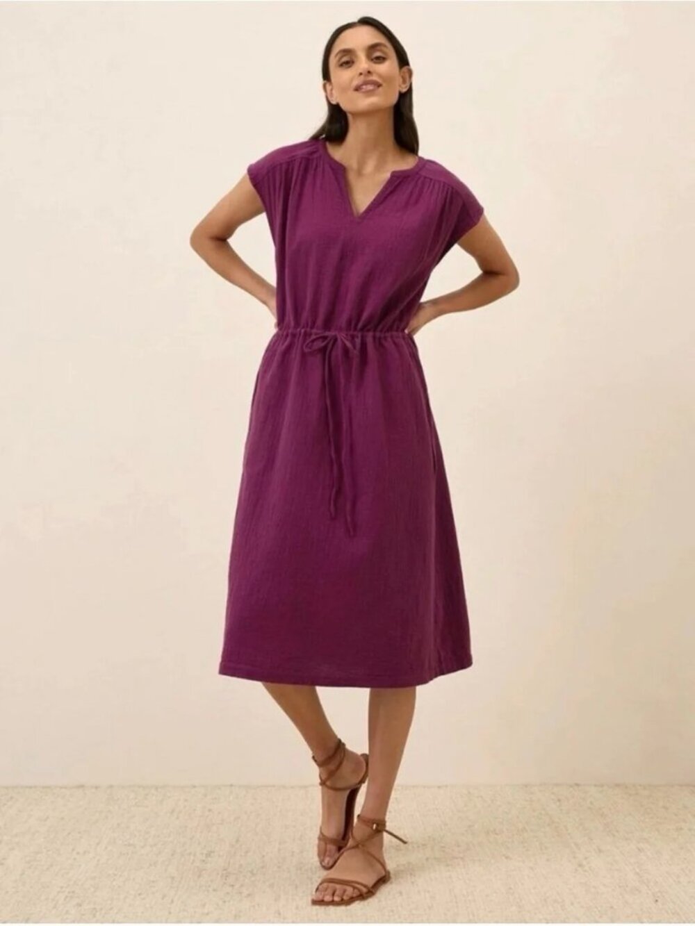 Pact Double Gauze Tie Waist Organic Cotton Midi Dress Sangria Coastal Travel S